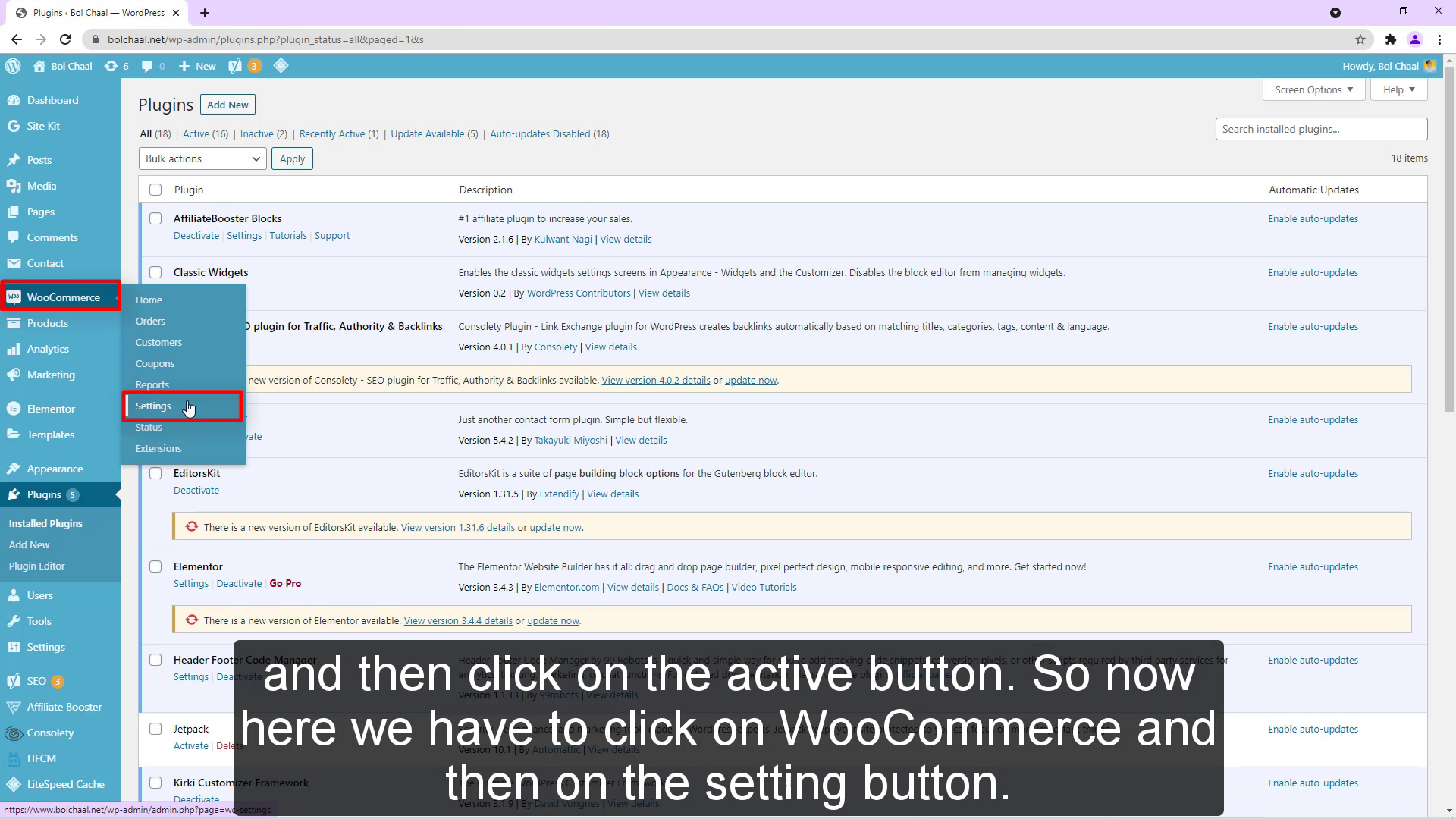 Así que ahora tenemos que hacer clic en woocommerce y luego en el botón de configuración